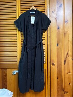ZARA Black Short Sleeve Tie-Waist Shirt Dress maxi style length 47”